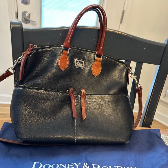 Dooney & Bourke Dillen Pocket Satchel, black pebbled leather, Brown Leather trim - Picture 1 of 15